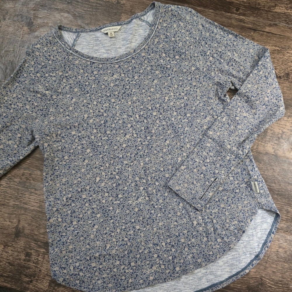FRYE & CO Floral Long Sleeve Top Women Medium Blue Excellent Scoop Neck
